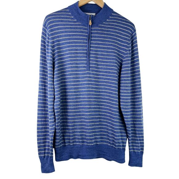 Donald Ross Men's SZ M 100% Merino Wool Blue Gray Striped 1/4 Zip Sweater - Picture 2 of 6